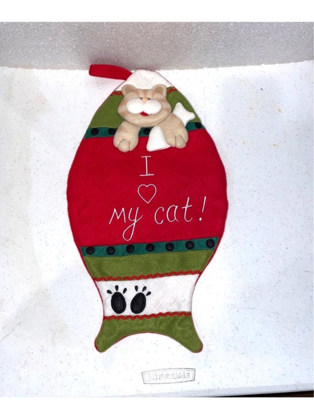 I Love My Cat Christmas Stocking Shaped Like Fish With Plush Cat Design – Red &